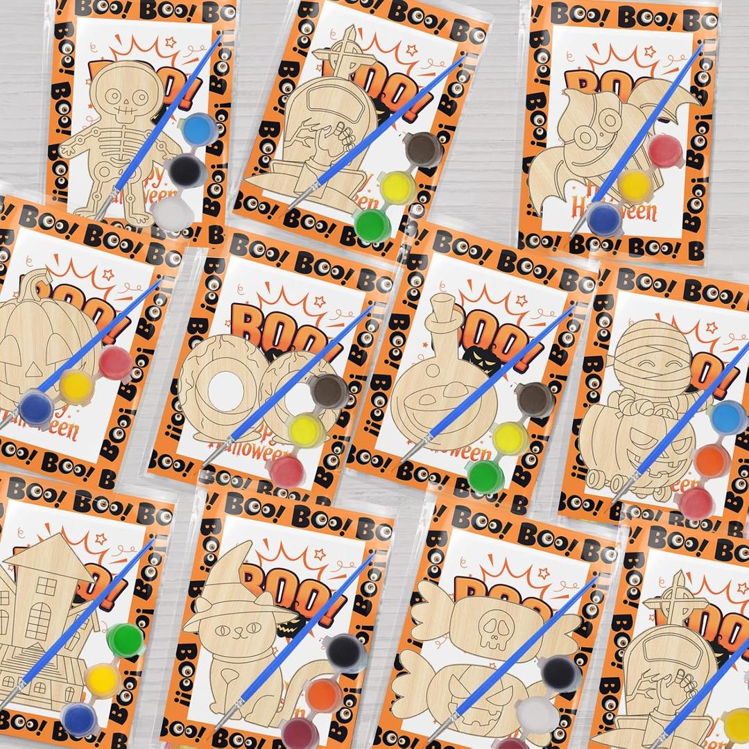 2 x 12 Pcs Halloween Wooden Painting Crafts for Kids, Boo Ghost Pumpkin Painting Cutouts DIY Art Craft Kit for Halloween Party Favors Coloring Ornament for School Activities Supplies