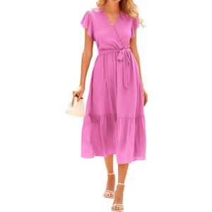 BTFBM Women Summer Bohemian Floral Casual Wrap V Neck Ruffle Cap Sleeveless Belt A-Line Pleated Hem Midi Sun Dress White (Pink, XL)