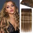 LADY MIRANDA Double Layered PU Invisible Hair Extensions 100G 18 Inch Brown Highlights Honey Blonde Invisible Weft Human Hair Extensions 8PCS Long Tape in Weft with Micro Beads(T4/27, 18 Inch)