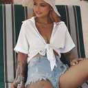 GOBLES Womens Summer Short Sleeve Shirts V Neck Tie Knot Batwing Blouses Tops (X-Large, White)