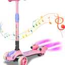 3 Wheel Scooter for Kids, Toddler Scooter with Bluetooth Music Speaker Steam Sprayer LED Lights Aluminum Alloy T-Bar, Folding Kick Scooters for Boys Girls Ages 3-10 (Pink)