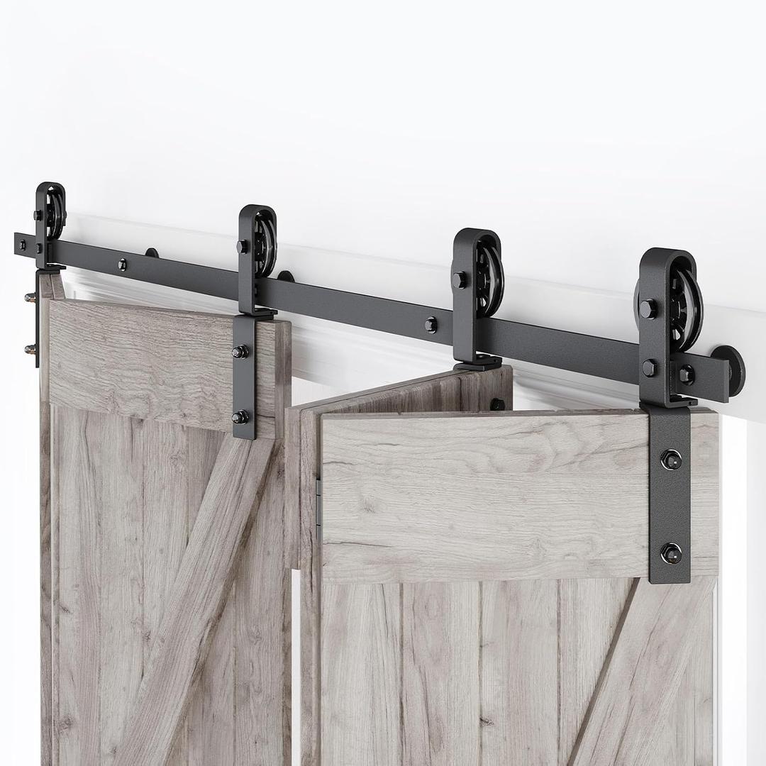 76" Bifold Sliding Barn Door Hardware Track Kit,Side Mounted Black Spoke Wheel Roller,Smoothly and Quietly,Assembly Easy,Fit Four 18" Bi-Folding Doors (Door Not Included)