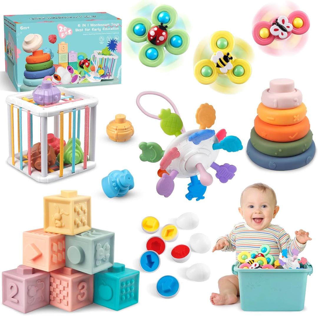 6 in 1 Montessori Baby Toy for Toddlers, Infant Teething Babies Stacking Blocks Rings Pull String Toy Suction Cup Spinner Toy Matching Eggs Shape Sorter Sensory Bin (Colourful)