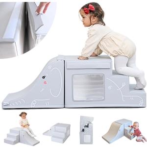 LORAIA * Non-Toxic Foam Climbing Blocks for Toddlers 1-3 - Large Vegan Leather Baby Climbing Blocks - High-end Soft Play Set w/TOP Fasteners & Baby Slide - Climbing Toys for Toddlers 1-3 Inside (Light Grey)