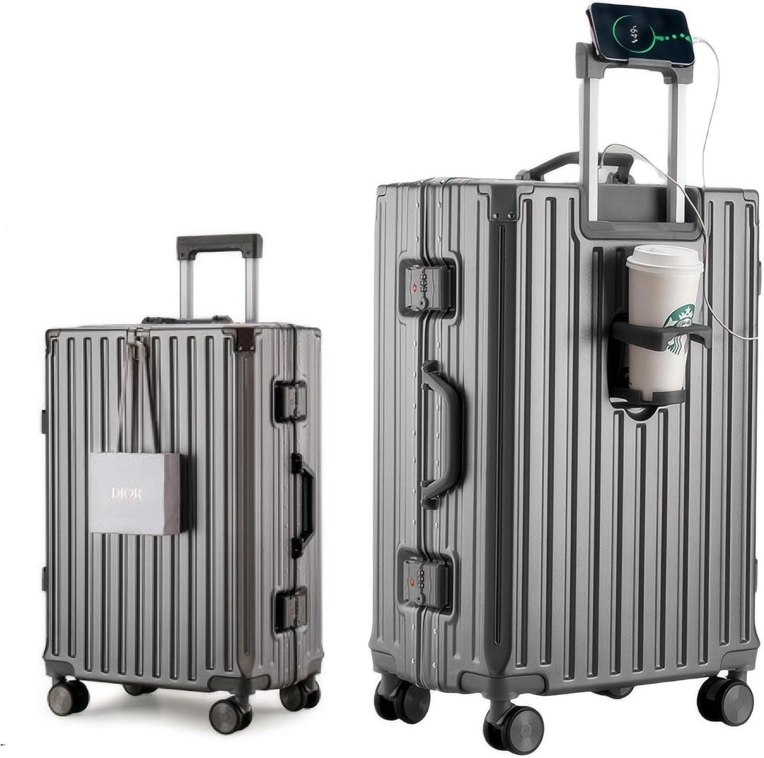 HotWay PC Hard Shell Carry On Luggage with Aluminum Frame, Suitcase with Cup Holder and USB Port, Zipperless Luggage for Business Travel (Grey, Carry On 20Inch)