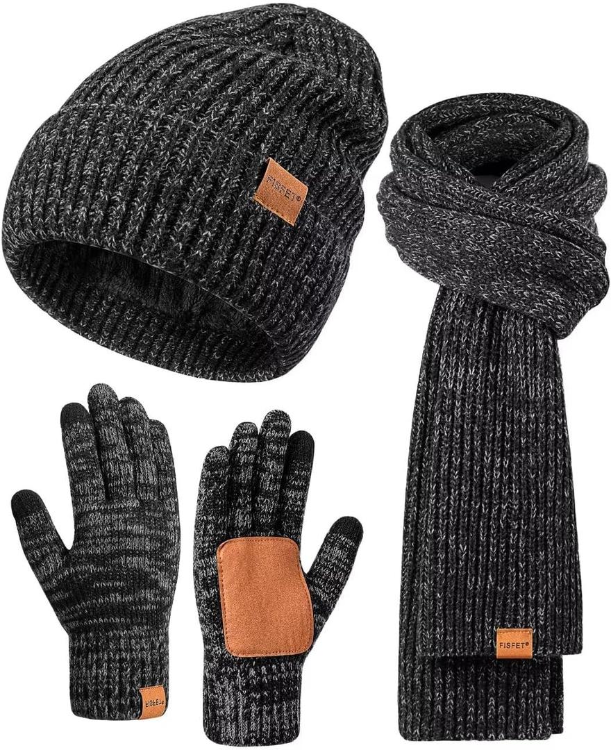 Winter Hat Gloves Scarf Set for Men Women, Mens Beanie Long Scarf Touchscreen Gloves for Cold Weather, 3 in 1 Warm Gift Set (Mix-black)