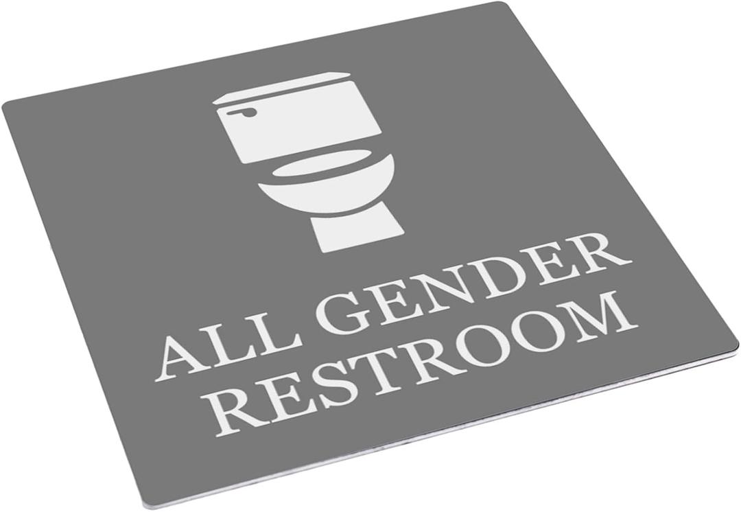 All Gender Restroom Adhesive Sticker Sign Notice - Grey and White/Black and White, 1.6mm waterproof acrylic, strong 3M adhesive backing. Shipped Globally.