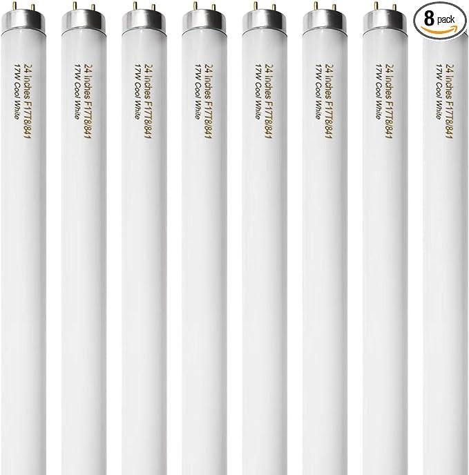 Konideke 8 Pack 24 inch F17T8/841 17 Watts Light Bulb, 2 Foot Straight Fluorescent Tube T8 Tube Light, 4100K Cool White 1400 Lumen G13 Medium Bi-Pin Cap 8 Count