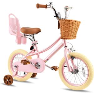 RULLY 16 Inch Girls Bike for 4-7 Years, Kids Bicycle with Training Wheels, Basket & Doll Seat, Retro Pink Toddler Bike with Coaster Brake