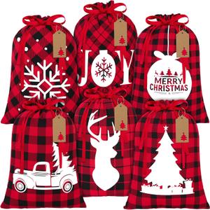 Aneco 6 Pieces Christmas Drawstring Gift Bags Red and Black Plaid Drawstring Bags with 24 Kraft Paper Tags and 16 Feet Rope Cotton Xmas Gift Bags for Christmas Party Supplies, 16 x 12 Inch