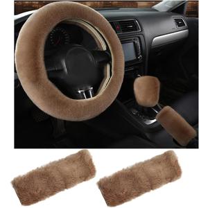6 PCS Fluffy Steering Wheel Covers Set, Faux Wool Steering Wheel Cover & Handbrake Cover & Gear Shift Cover & 2 Seat Belt Shoulder Pads, Universal Car Accessories (Light Brown)