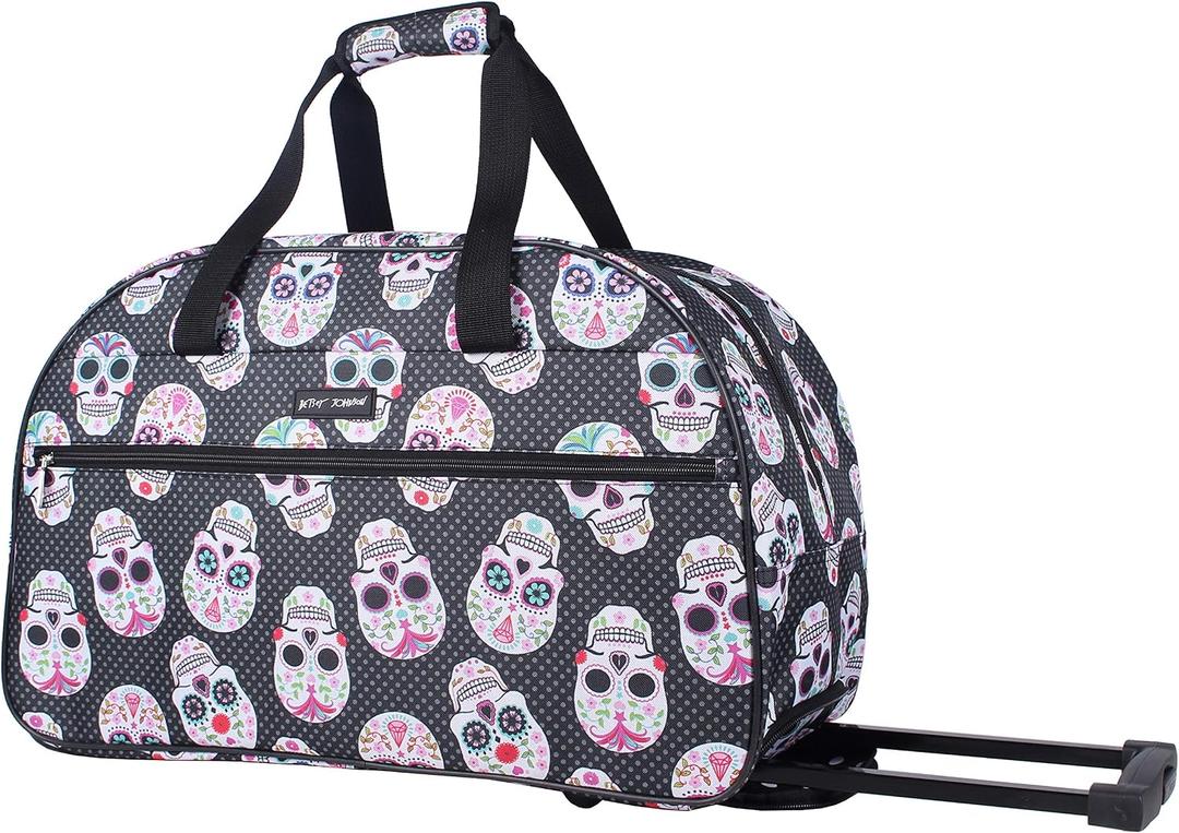 Betsey Johnson Designer Carry On Luggage Collection - Lightweight Pattern 22 Inch Duffel Bag- Weekender Overnight Business Travel Suitcase with 2- Rolling Spinner Wheels (Skull Party), One Size