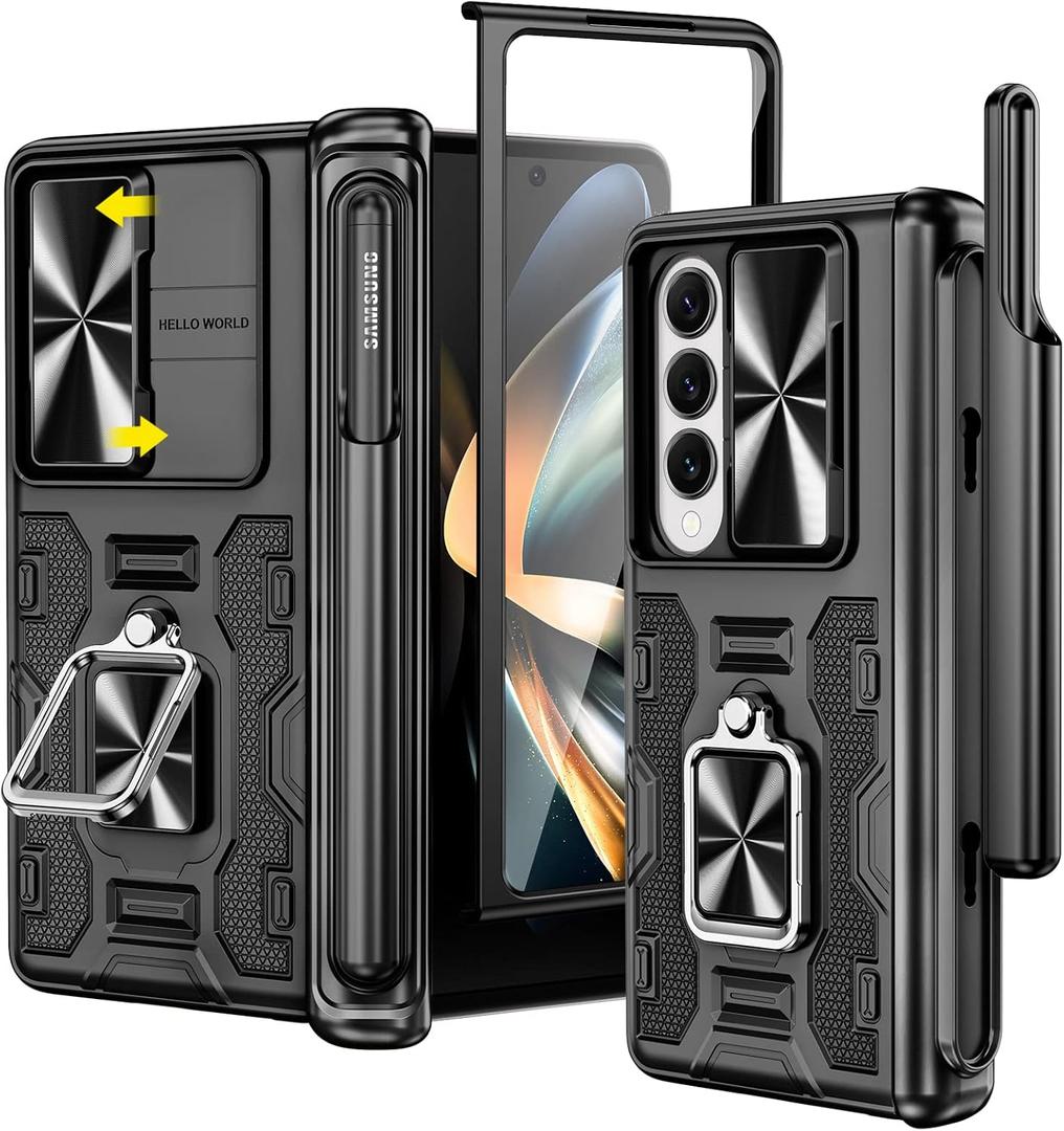 VEGO for Galaxy Z Fold 4 Case, with [S Pen Holder][Hinge Protection][360-degree Rotating Kickstand][Slide Camera Cover][Front HD Screen Protector] Protective Cover for Samsung Z Fold 4 - Black