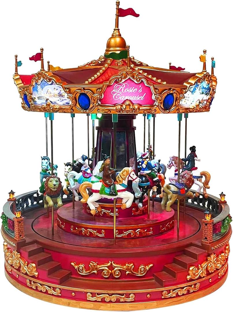 MOMENTS IN TIME Animated Rosies Carousel (Moving Carousel) 15.2H LED Lights 8 Classic Carols Christmas Music, Adapter Included Christmas Village Handcrafted Polyresin Moving Carouse