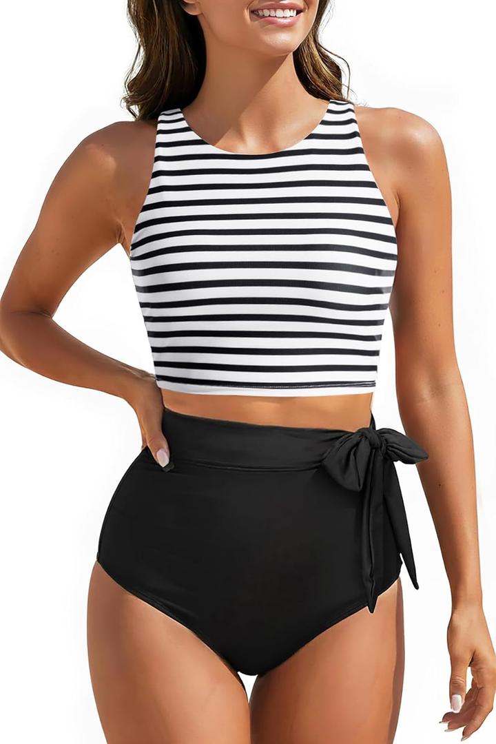 Aqua Eve Women High Waisted Bikini Set Racerback Swimsuit Two Piece Bathing Suit High Neck Swimwear (L)