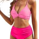 ZAFUL Twist High Waisted Bikini for Women Cross Lace Up Bathing Suit Ruched Bikini Swimsuits Tummy Control Swimwear (Small, Matchhot Pink)