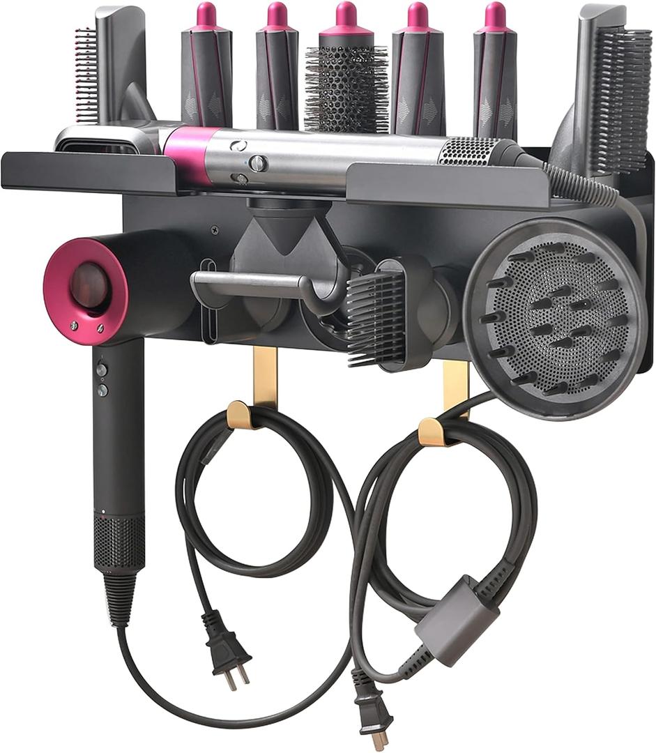 Affogato Wall Mount Holder Compatible with Dyson Airwrap Styler Supersonic Hair Dryer, Wall Mounted Organizer for Storage Attachments, Rack with Hooks for Accessories Nozzles Barrels Brushes