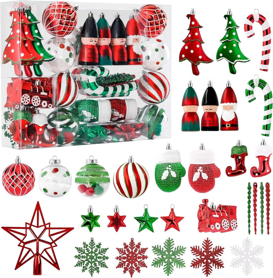 95pcs Christmas Ornaments Bulk, Red and Green Christmas Decorations Set for Tree with Hanging Strings, Shatterproof Baubles for Xmas Holiday Decor
