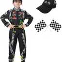 Race Car Driver Costume Boys Racer Jumpsuit With Car Cap Kids Dress Up for Halloween (S(for height 46"-49"), Black)