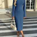 Saodimallsu Womens Long Sleeve Midi Sweater Dress Crew Neck Swiss Dot Soft Knit Casual Fall Trendy Maxi Dresses (Large, Navy)