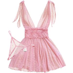 Lilosy Sexy Polka Dots Mesh Sheer Lace Babydoll Chemise Lingerie Set Floral Sleep Wear (Large, Pink)