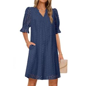 MEROKEETY Women's 2025 Summer Short Sleeve Mini Dress V Neck Ruffle Hollow Out Eyelet Lace Dresses, Navy, M
