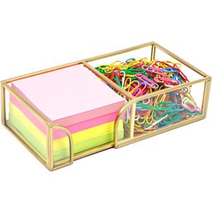 Glass Sticky Note Holder,2 Slots Gold Post It Note Dispenser for Desk,3 x 3 Inch Post It Note Holder, Stylish Sticky Note Dispenser for Home Office Desk Table Drawer