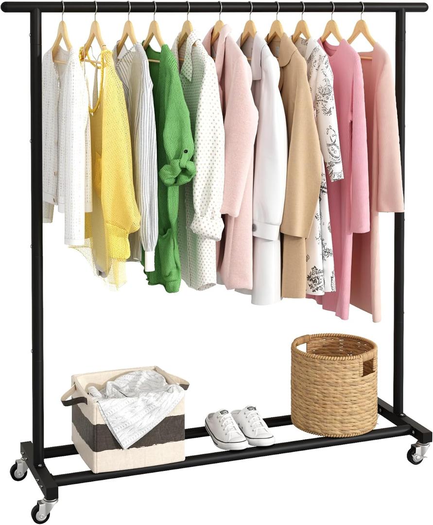 Buzowruil Clothing Clothes Rack Standard Rod Simple Rolling Metal Garment Rack Organizer Freestanding Hanger with Wheels,Black