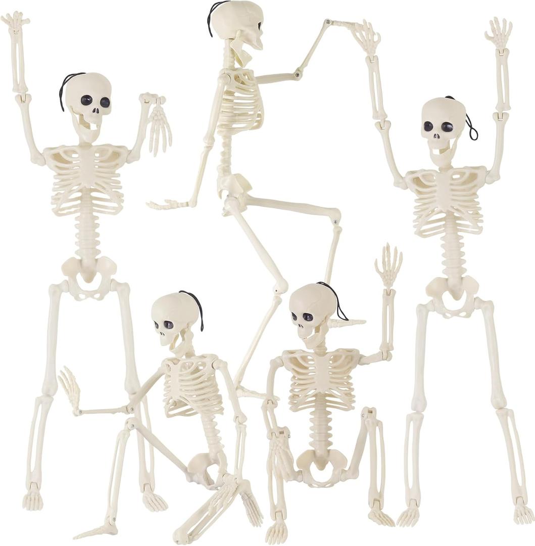 Feir 16" Skeletons Halloween Decorations  5PCS Posable Full Body Skeletons with Movable Joints, Realistic Props for Outdoor Yard, Haunted House, Party & Indoor Halloween Decor