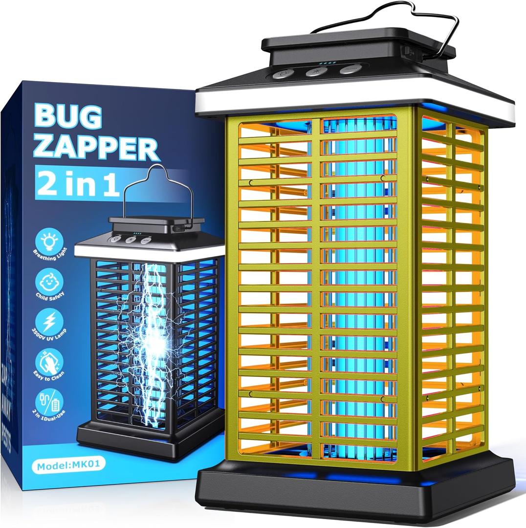 Bug Zapper Outdoor, Mosquito Zapper 2 in 1 Portable & Rechargeable Bug Zapper Outdoor with 4000mAh Battery & LED Night Light, 4000V Electric Fly Zapper for Outside,Patio,Backyard,Garden (Yellow)