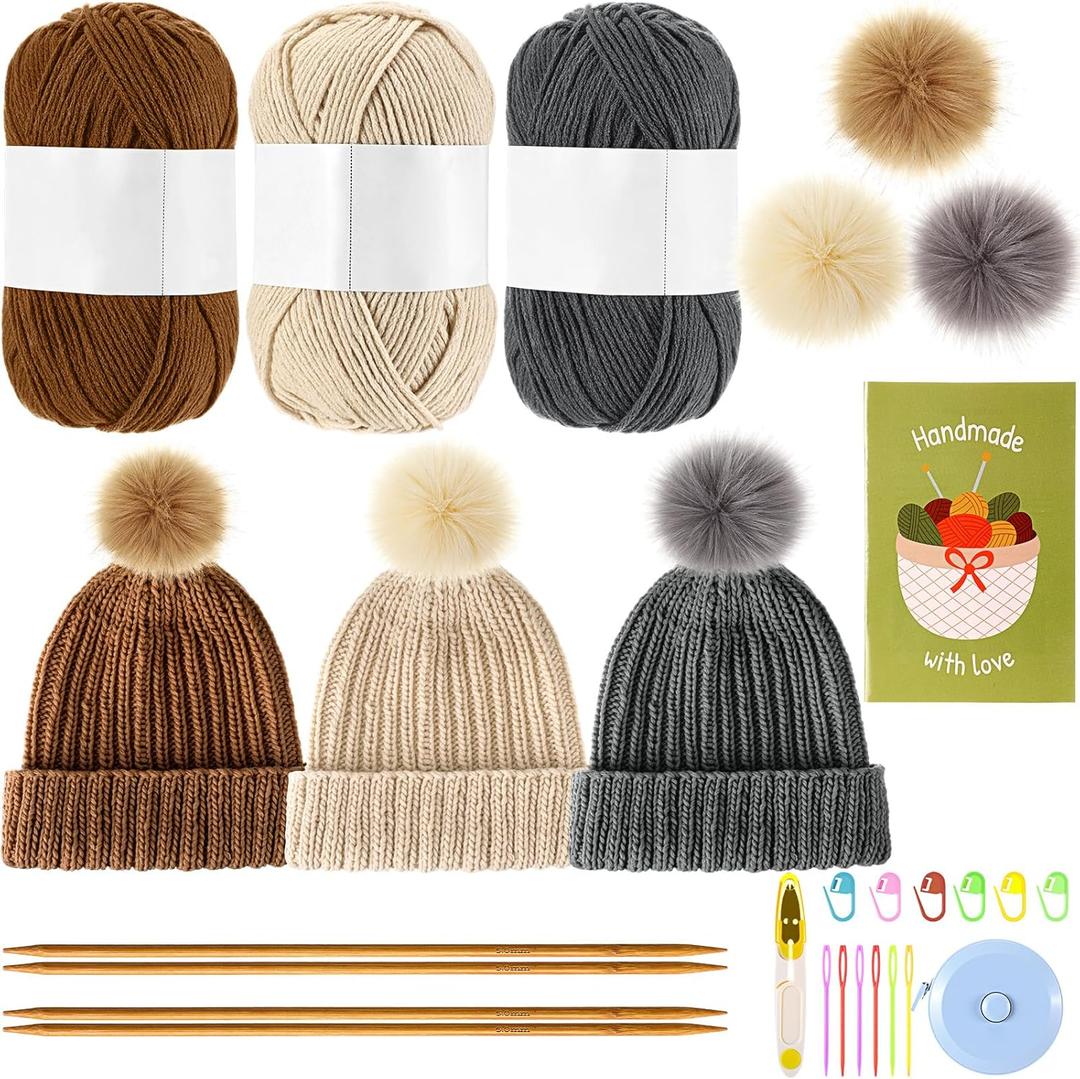 Maasechs Knitting Kit for Beginners Adults Complete Hat Knitting Kits Learn to Knit Kits with Yarn Bamboo Needle Pom Pom Step-by-Step Instruction Knit Accessories for Christmas Women Men Gift(Dark)