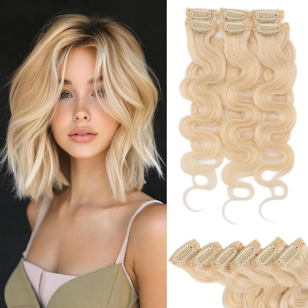 Rich Choices Short Clip In Hair Extension Real Human Hair-Wave/Curled 6 Pcs Single Clip Hairs Extension for Women-100% Remy Hairs Mini Clip ins Hairpieces for Thin Hairs-14 Inches #60 Platinum Blonde