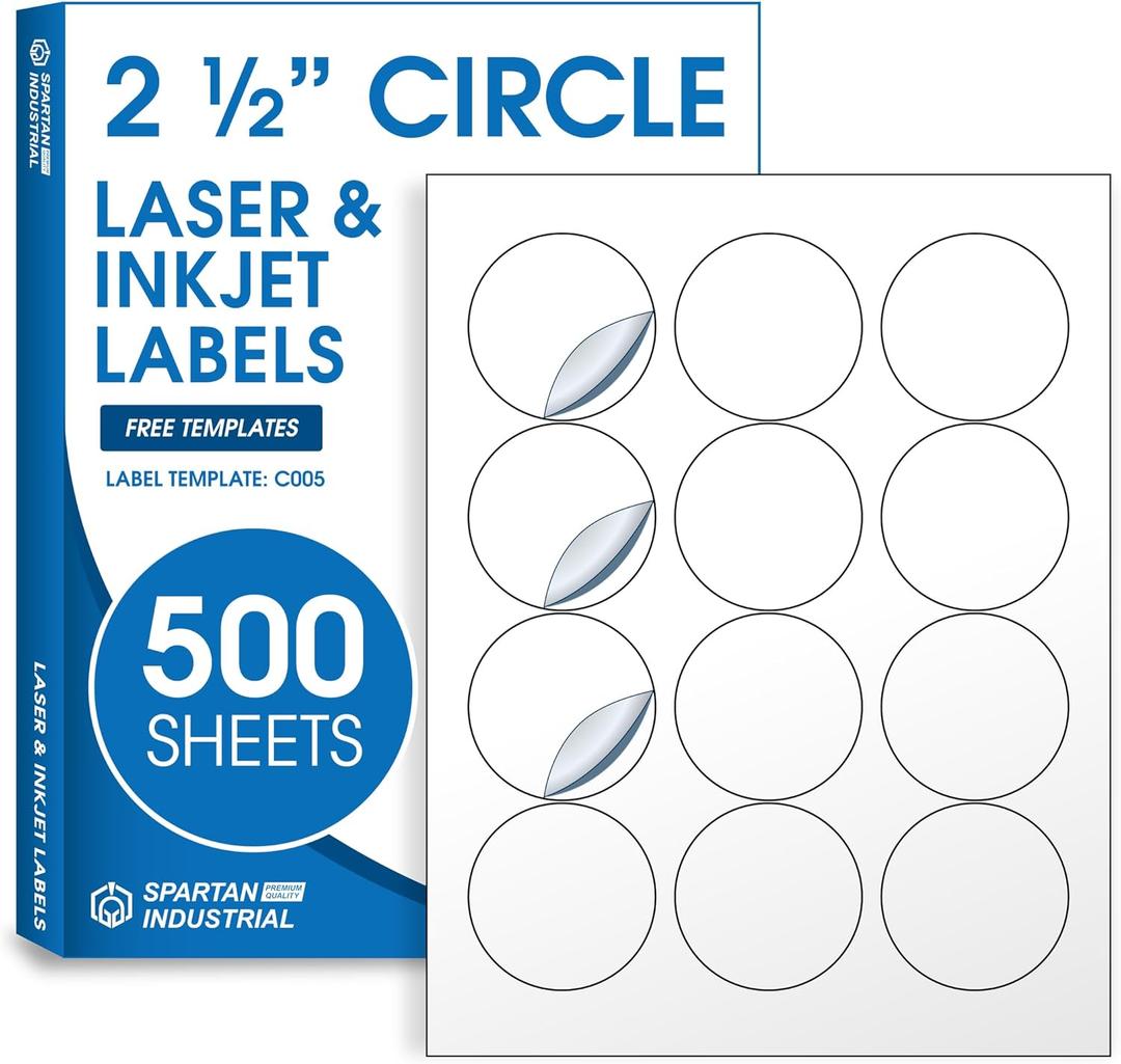 2.5" Circle Printable Labels Compatible with Inkjet and Laser Printers - 500 Sheets, 6000 Matte White Round Stickers for Product Labeling, Packaging, Organization - Spartan Industrial (2.5" Circle)