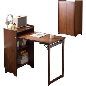 Bamboo Folding Desk with Storage Shelves, Space Saving Mid Century Modern Bookcase with Drop Down Table, Hide Away Desk for Home Bedroom Study Office