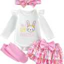 Baby Girls 4PCS Easter Shorts Long Sleeve Letter Bunny Print Romper Shorts Headband Leg Warmers Outfits