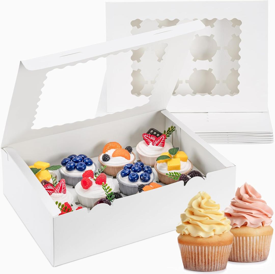 12 Count Cupcake Boxes, 4PCS Cupcake Container with Window, Food Grade Cupcake Holder for Birthday Holiday Party, Bakery Supplies for Cupcakes, Desserts, and More (White)