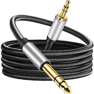 3.5 mm to 6.35 mm Audio Cable 15Ft, Gold-Plated Terminal Silver Color Zinc Alloy Housing 3.5mm 1/8" Male TRS to 6.35mm 1/4" Male TRS Nylon Braided Stereo Audio Cable for Cellphone, Amplifiers(15Ft/5M)