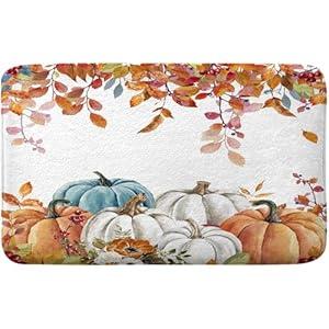 Fall Pumpkin Bath Mat, Autumn Leaves Floral Thanksgiving Harvest Bathtub Rug, Soft Velvet Absorbent Floor Mats Non Slip Quick Dry Rugs Carpets for Kitchen Laundry Bedroom Living Room Decor, 17x29 Inch