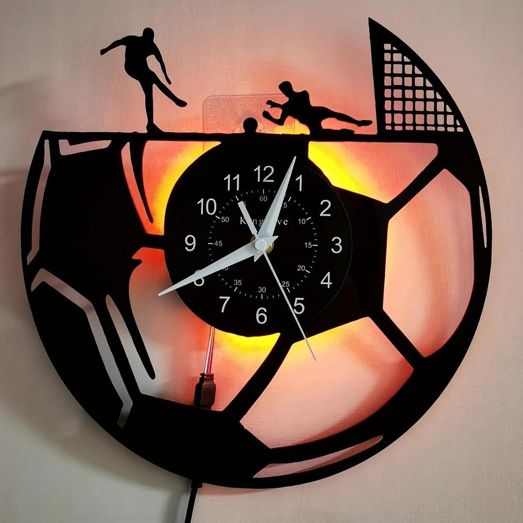 Soccer Wall Clock with LED Backlight Silent Non-Ticking Quartz Movement Football Player Silhouette Design for Dad Boys Room Man Cave Game Room Decor