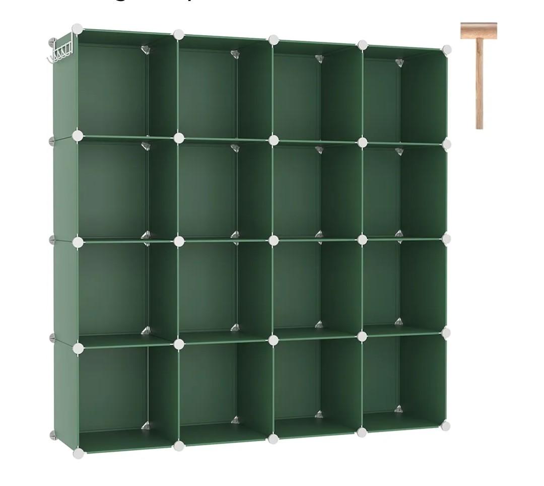 C&AHOME Cube Storage Organizer, 16-Cube Shelves Units, Plastic Storage Cubes, DIY Closet Organizer, Modular Closet Storage Shelves Ideal for Home, Bedroom, 48.4" L × 12.4" W × 48.4" H Green UPCS16GN