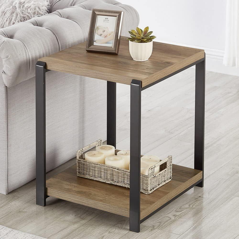 FOLUBAN Industrial End Table, Square Side Table with Storage Shelf for Living Room, Wood and Metal Nightstand, Oak, 19"w X 18"d X 22"h