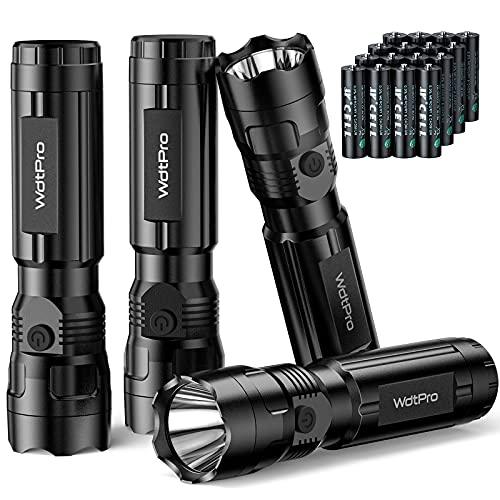 WdtPro 4 Pack LED Flashlights, Bright Flashlight with 14 AAA Batteries, Super Long Battery Life, Single Mode, High Lumens, EDC Flash Lights for Emergencies, Hurricane Supplies, Camping