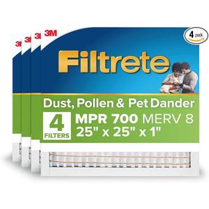 Filtrete 25x25x1 AC Furnace Air Filter, MPR 700, MERV 8, Tough on Pollen, Easy on Airflow, 3-Month Pleated 1-Inch Electrostatic Air Cleaning Filter, 4-Pack (Actual Size 24.81 x 24.81 x 0.81 in)