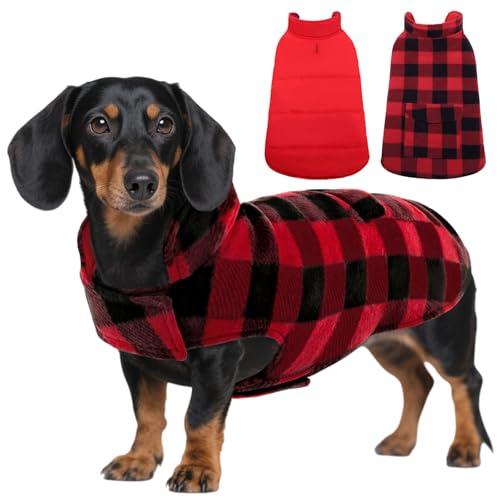 ASENKU Dog Winter Coat, Fleece Doggie Jacket Plaid Reversible Vest Waterproof Windproof Cold Weather Clothes for Small Medium Large Dogs(Red S)