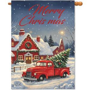 Merry Christmas House Flag 28x40 Inch Red Truck House Xmas Winter Holiday Seasonal Theme Decorative Garden Flags for Outside Double Sided Outdoor Home Farmhouse Decoration Porch Yard Decor