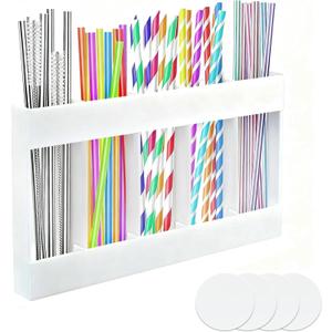 9.5'' Large Acrylic Straw Holder for Cabinet Door  Reusable Straw Organizer Storage Dispenser, Space-Saving Kitchen Accessories with Strong Adhesive, Transparent Cupboard Door Mounted Container