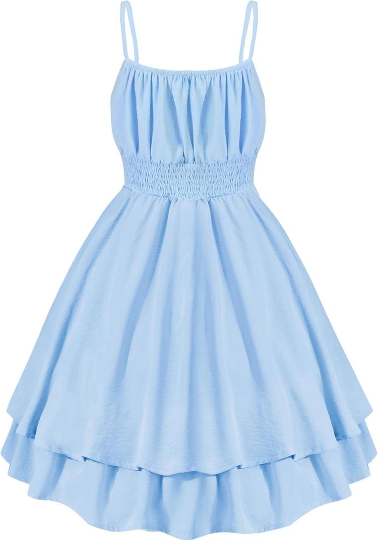 EXARUS Girls Flowy Ruffled Hem Formal Dresses Puff Sleeve/Spaghetti Strap/Halter Smocked Dress Casual Mini 6-14Y (10 Years)