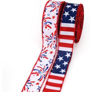 LaRibbons Patriotic Ribbon Wired 2 Rolls 1.5 Inch x 20 Yards TTL, Red White Blue Fireworks & American Flag Ribbon for 4th of July, 250th Anniversary, Independence Day Wreath Gift Wrapping Crafts