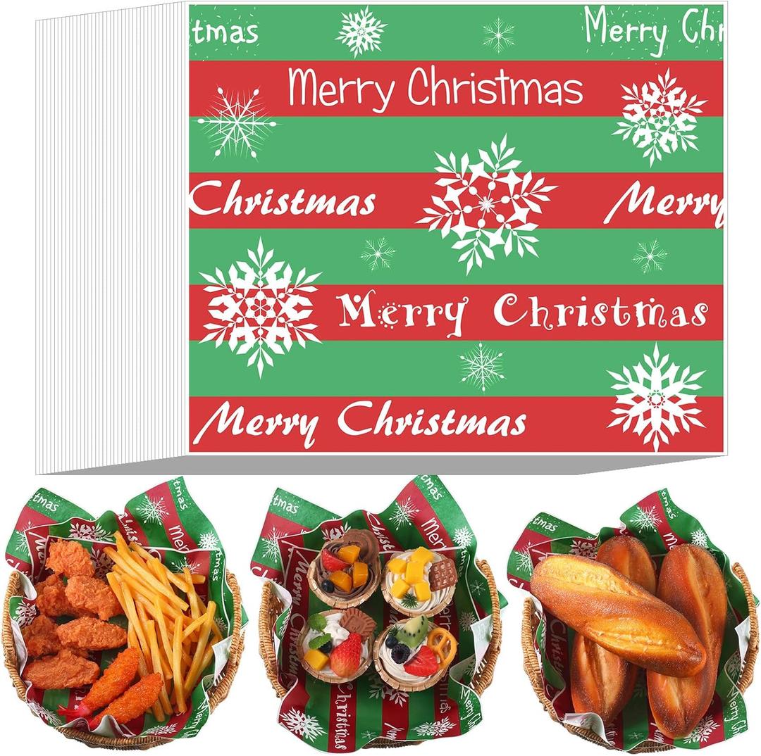 Tenceur 150 Pcs Christmas Wax Paper Deli Greaseproof Sheets Winter Printed Parchment Paper Burger Sandwich Wrapping Bakery Tissue Basket Liners for Picnic Kitchen Party
