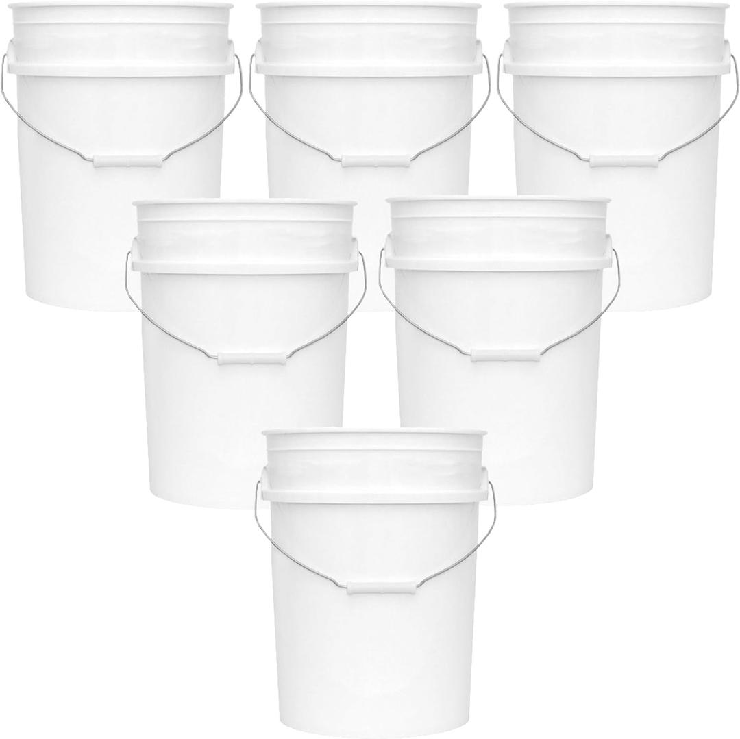 5-Gallon Bucket Only  Heavy-Duty Extra Durable Pail  Made in USA  Premium Quality HDPE  Food Grade  BPA Free  Metal Handle with Plastic Grip  Stackable  Multi-Use  White, 6 Pack